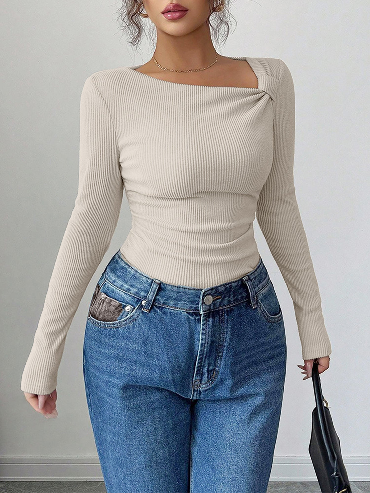 Solid Color Irregular Neck Long Sleeves Stretchy Blouse