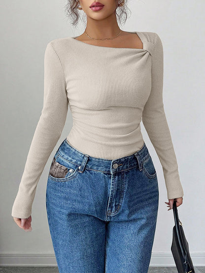 Solid Color Irregular Neck Long Sleeves Stretchy Blouse