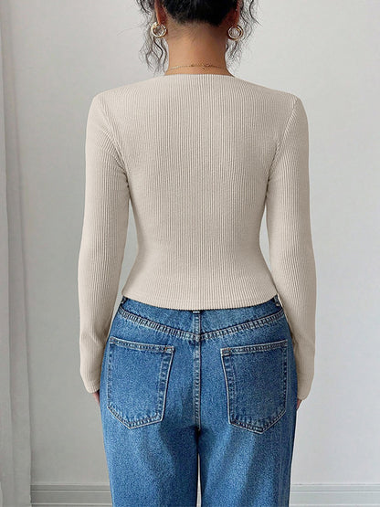 Solid Color Irregular Neck Long Sleeves Stretchy Blouse