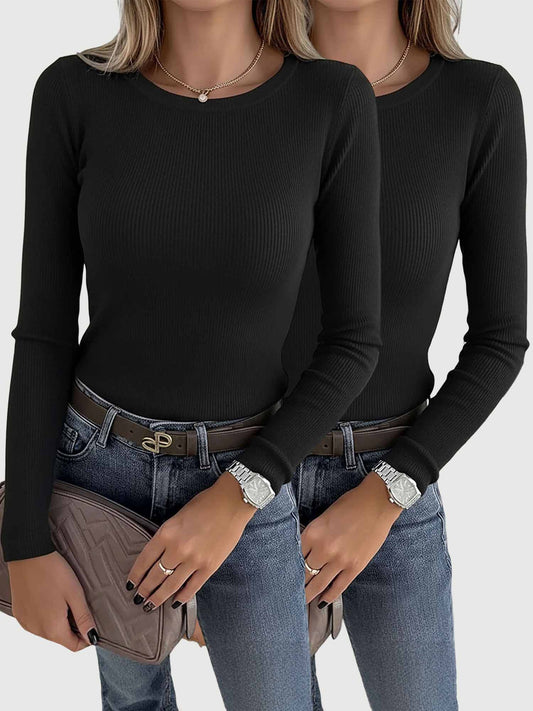 2 Pieces Long Sleeve Stretch Crew Neck Ribbed Top