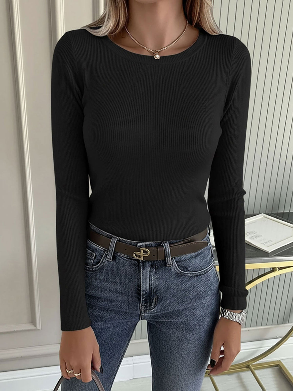 2 Pieces Long Sleeve Stretch Crew Neck Ribbed Top