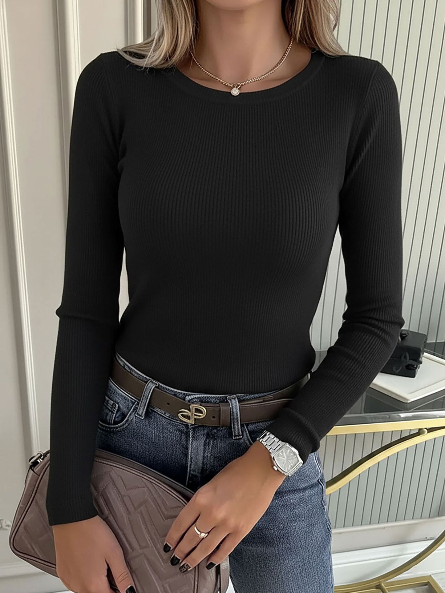2 Pieces Long Sleeve Stretch Crew Neck Ribbed Top