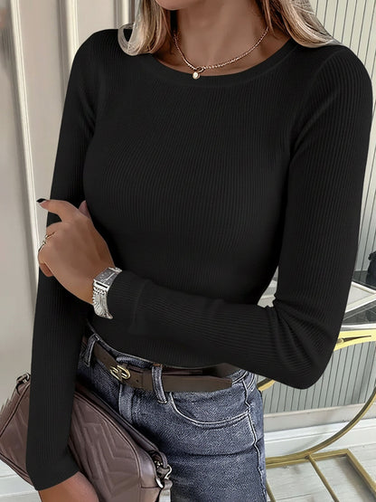 2 Pieces Long Sleeve Stretch Crew Neck Ribbed Top