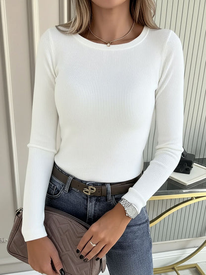 2 Pieces Long Sleeve Stretch Crew Neck Ribbed Top