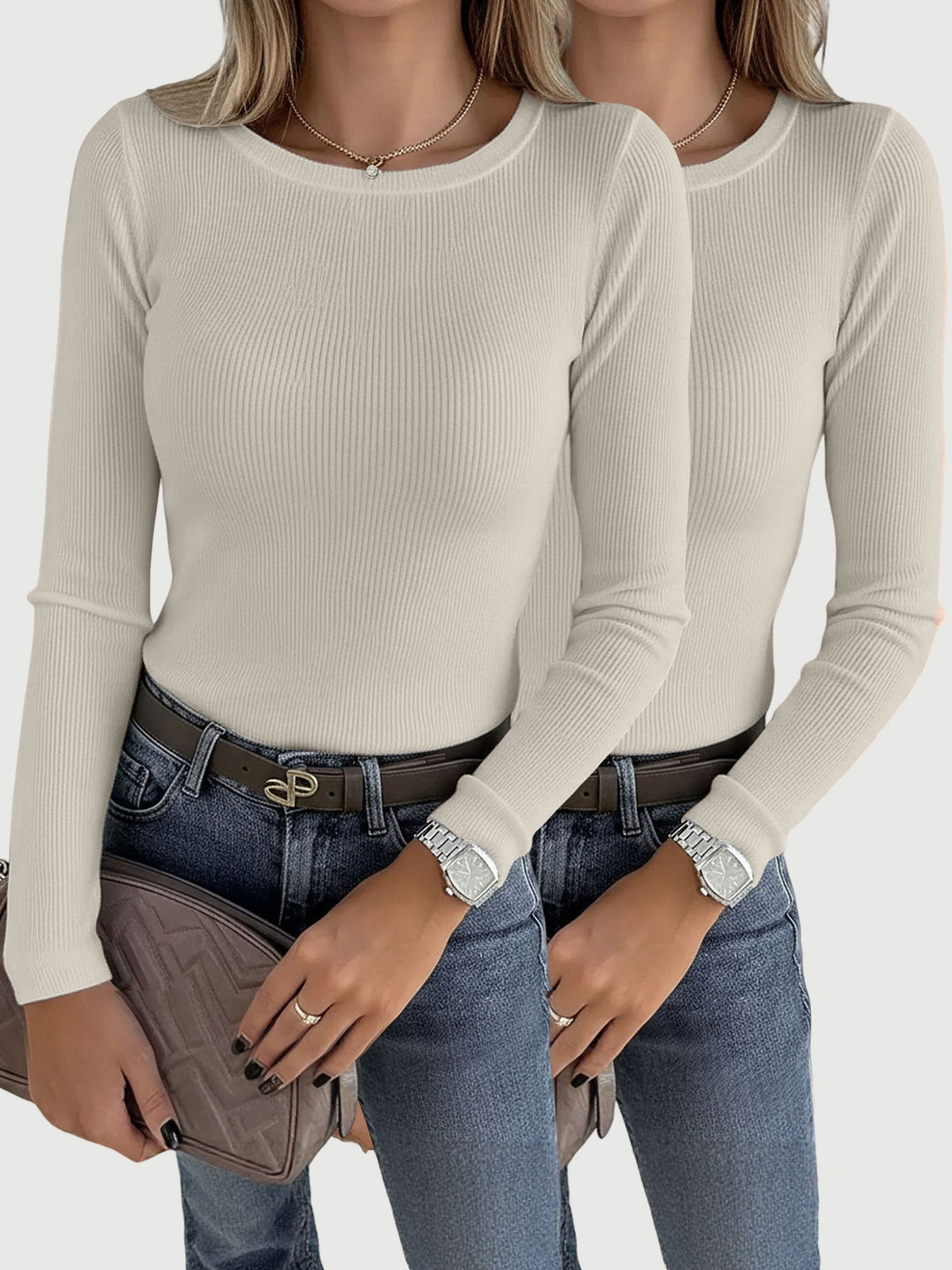 2 Pieces Long Sleeve Stretch Crew Neck Ribbed Top
