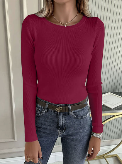 2 Pieces Long Sleeve Stretch Crew Neck Ribbed Top