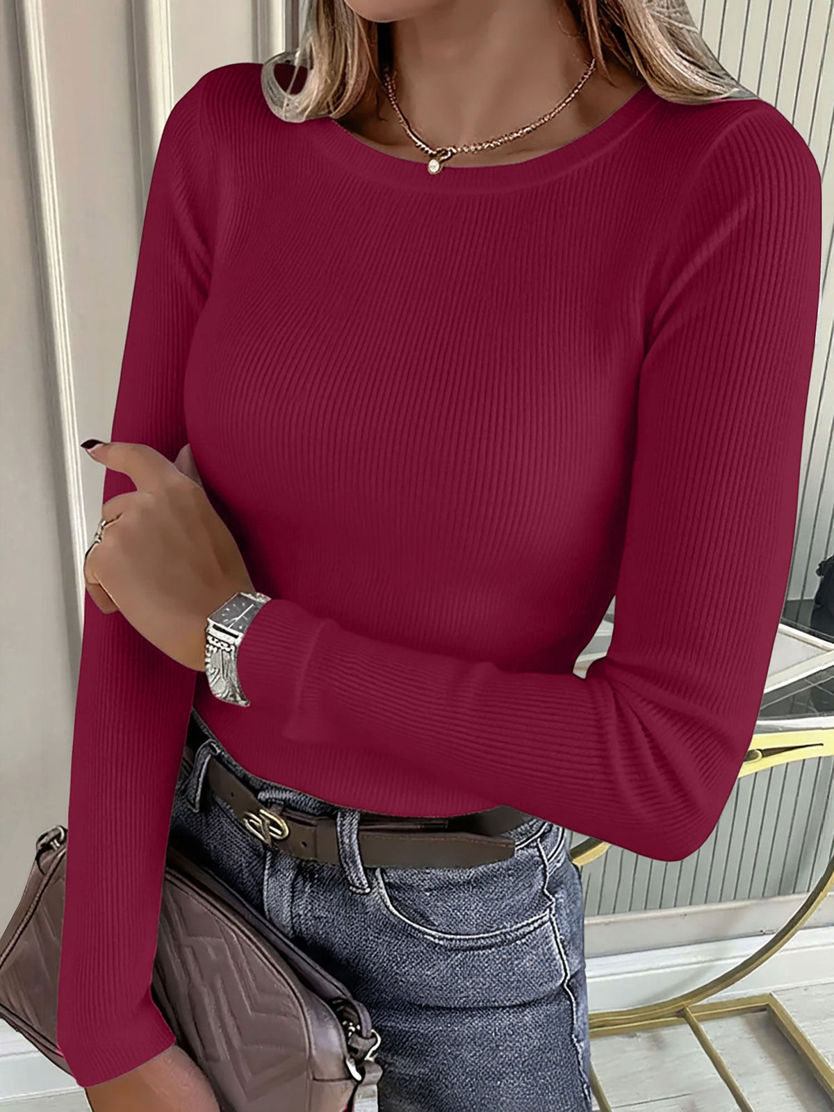 2 Pieces Long Sleeve Stretch Crew Neck Ribbed Top