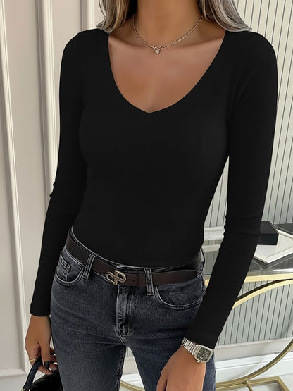 2 Pieces Slim-Fit Long Sleeve V-Neck Casual Ribbed Top