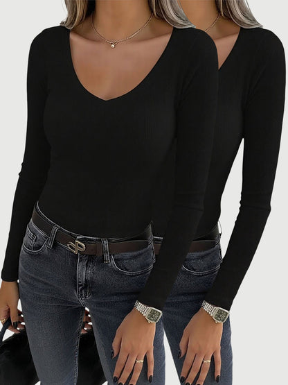 2 Pieces Slim-Fit Long Sleeve V-Neck Casual Ribbed Top