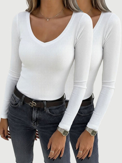 2 Pieces Slim-Fit Long Sleeve V-Neck Casual Ribbed Top