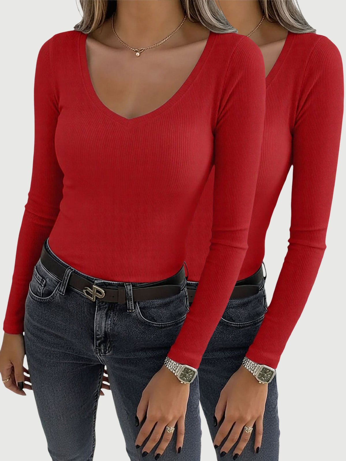 2 Pieces Slim-Fit Long Sleeve V-Neck Casual Ribbed Top