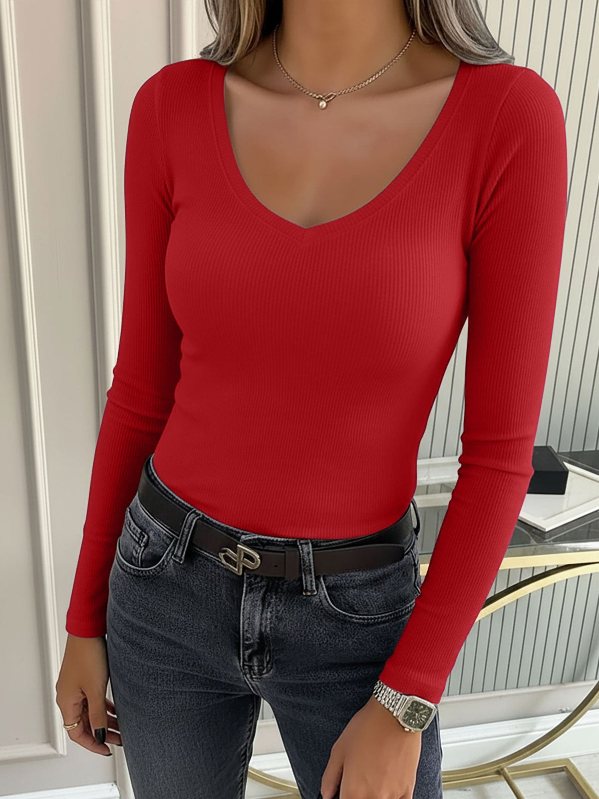 2 Pieces Slim-Fit Long Sleeve V-Neck Casual Ribbed Top