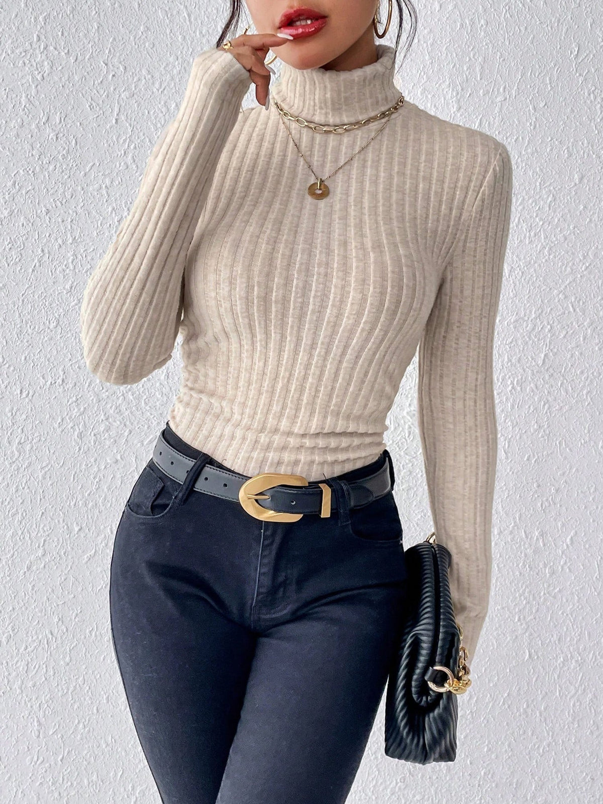 Turtleneck Long Sleeve Brushed Ribbed Knit Top