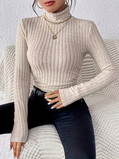 Turtleneck Long Sleeve Brushed Ribbed Knit Top