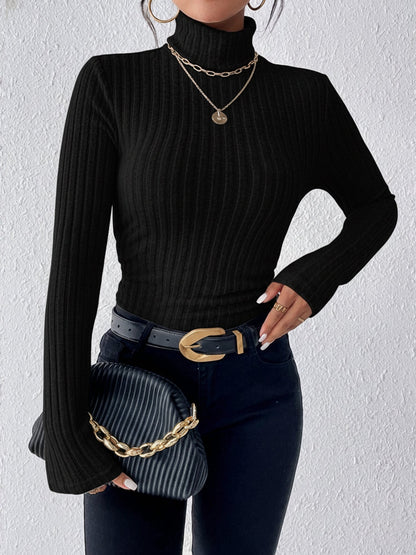 Turtleneck Long Sleeve Brushed Ribbed Knit Top