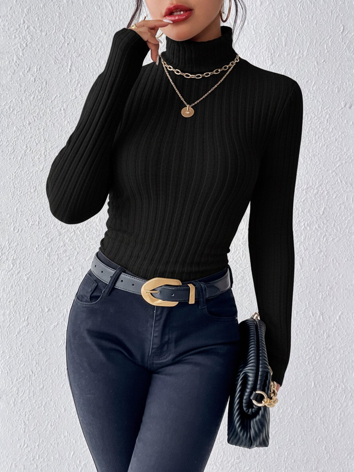 Turtleneck Long Sleeve Brushed Ribbed Knit Top
