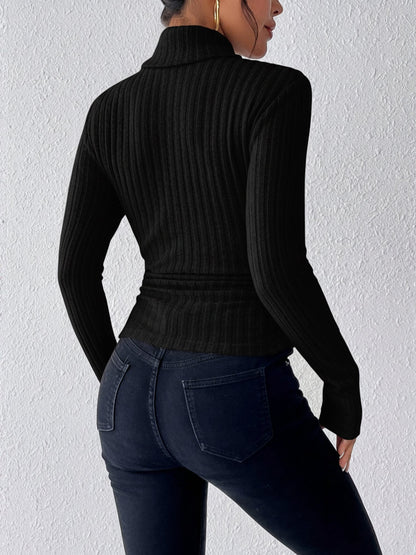 Turtleneck Long Sleeve Brushed Ribbed Knit Top