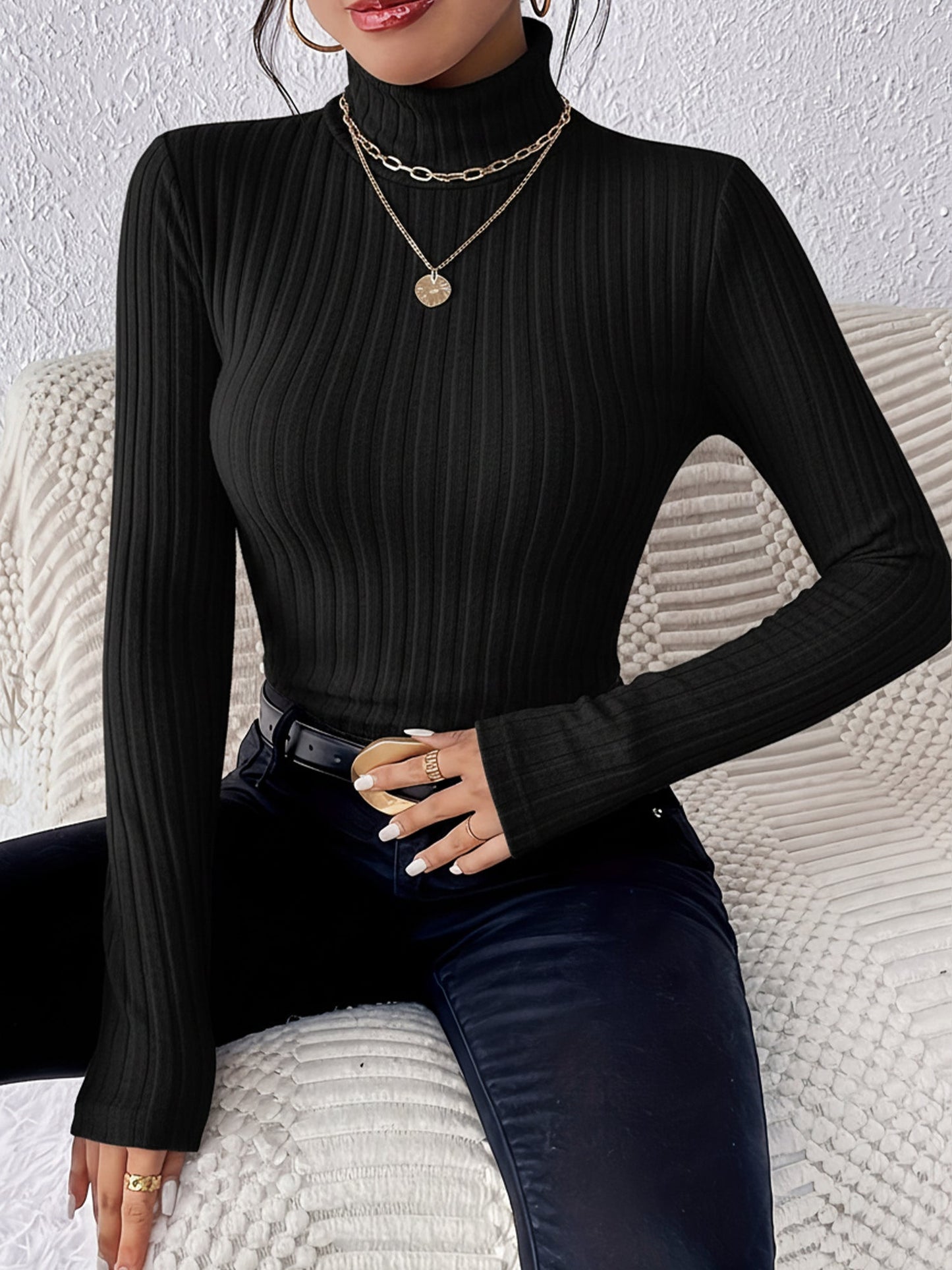 Turtleneck Long Sleeve Brushed Ribbed Knit Top