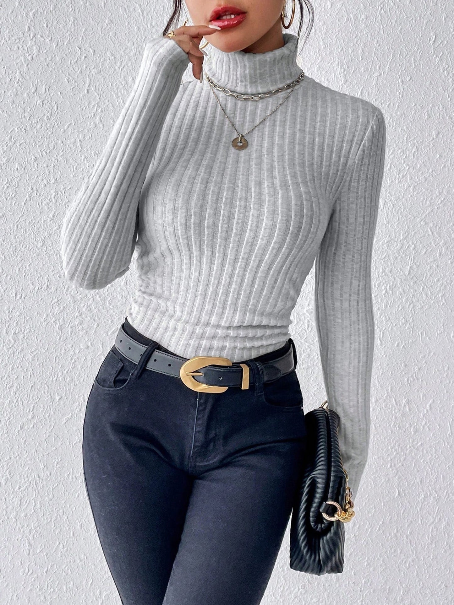 Turtleneck Long Sleeve Brushed Ribbed Knit Top
