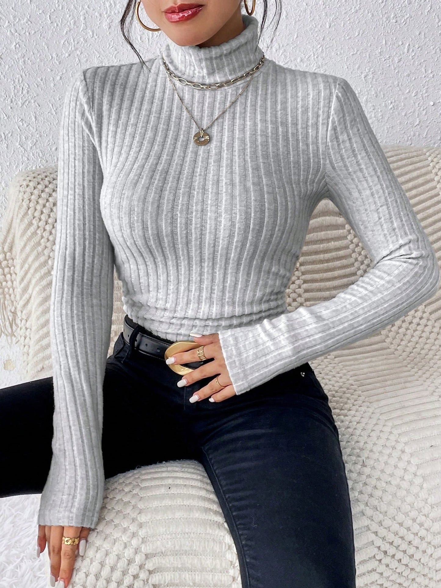 Turtleneck Long Sleeve Brushed Ribbed Knit Top