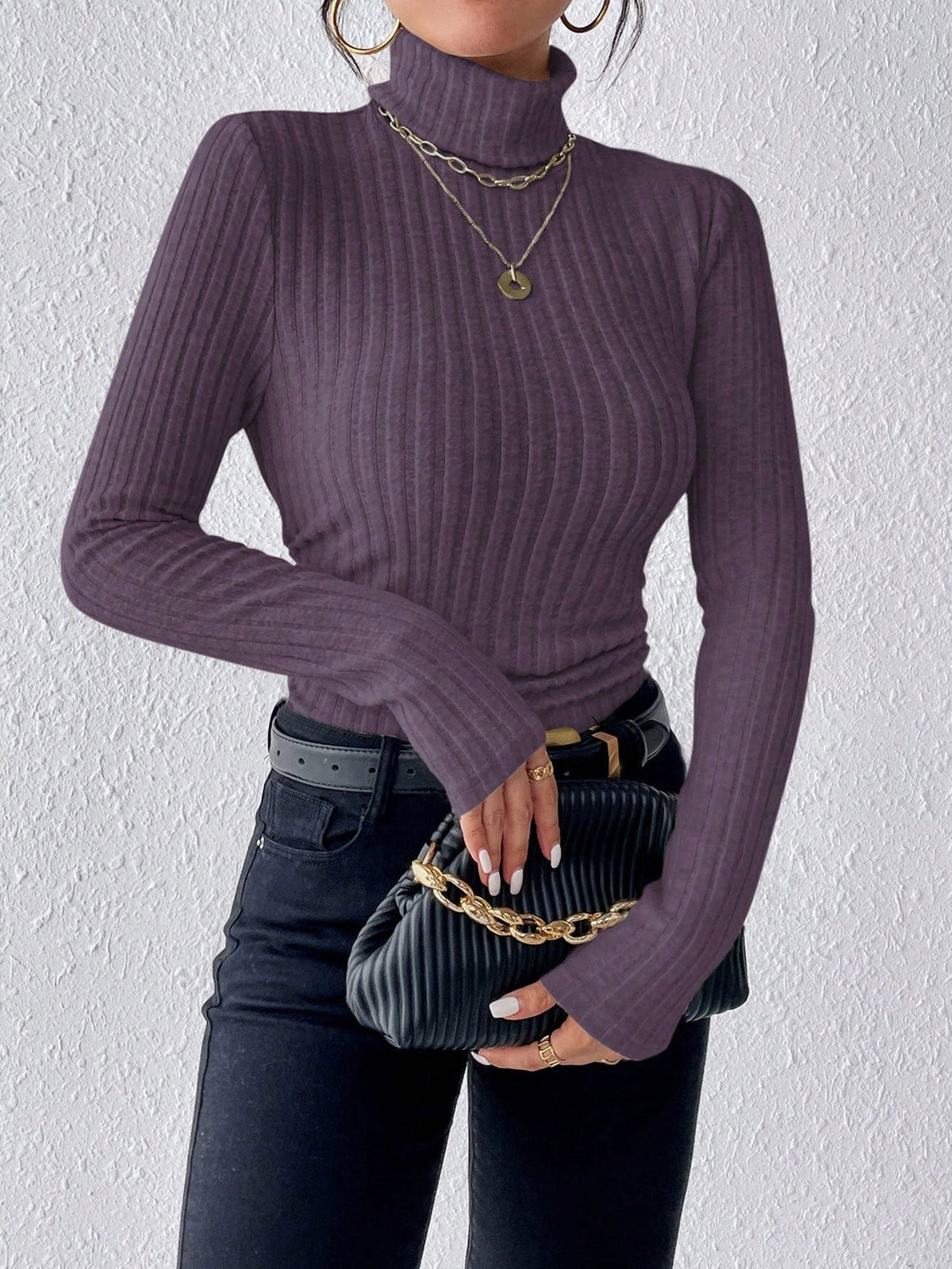 Turtleneck Long Sleeve Brushed Ribbed Knit Top