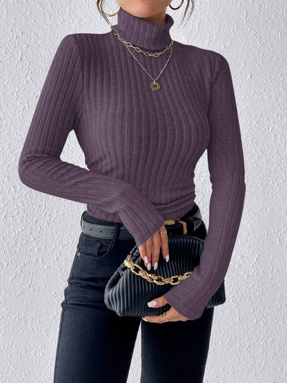 Turtleneck Long Sleeve Brushed Ribbed Knit Top