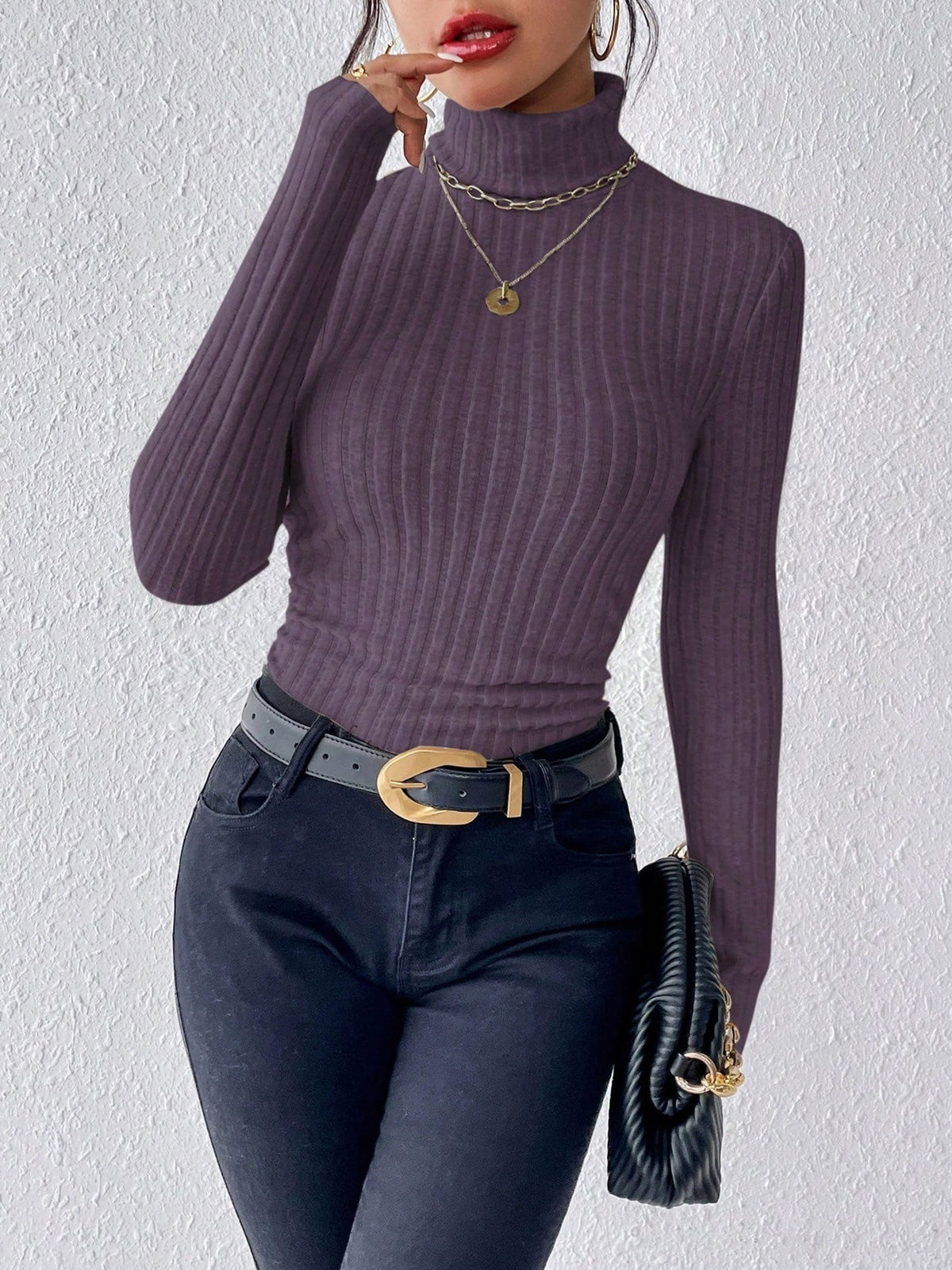 Turtleneck Long Sleeve Brushed Ribbed Knit Top