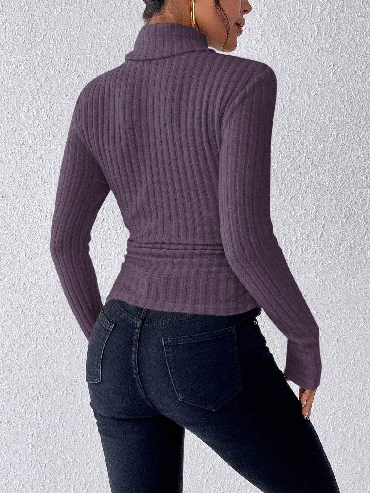 Turtleneck Long Sleeve Brushed Ribbed Knit Top