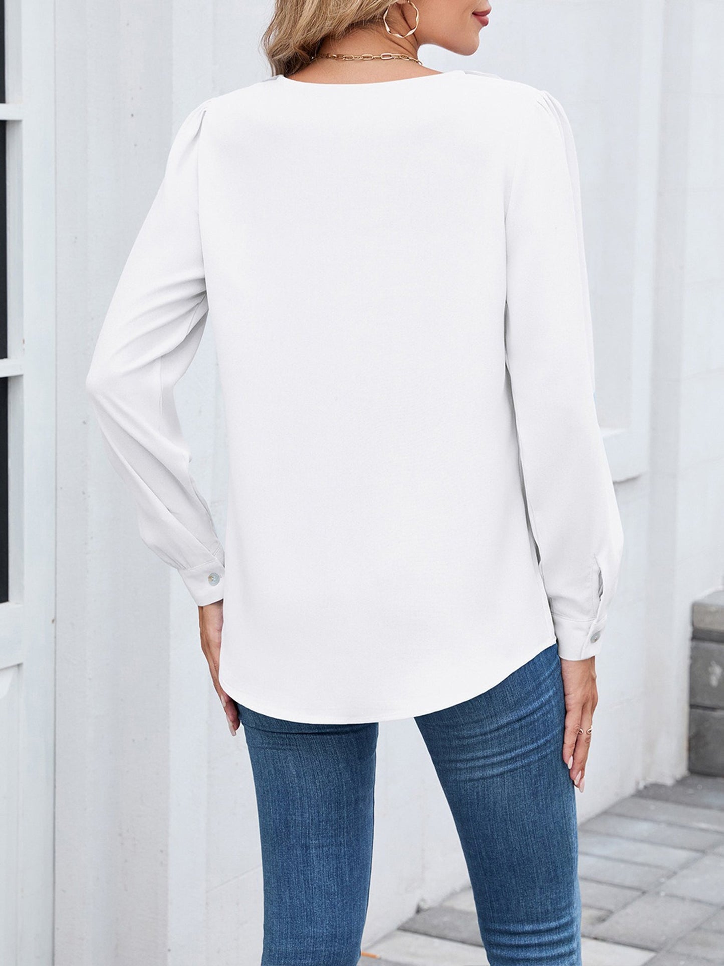 Long Sleeve V Neck Ruffled Chiffon Blouse