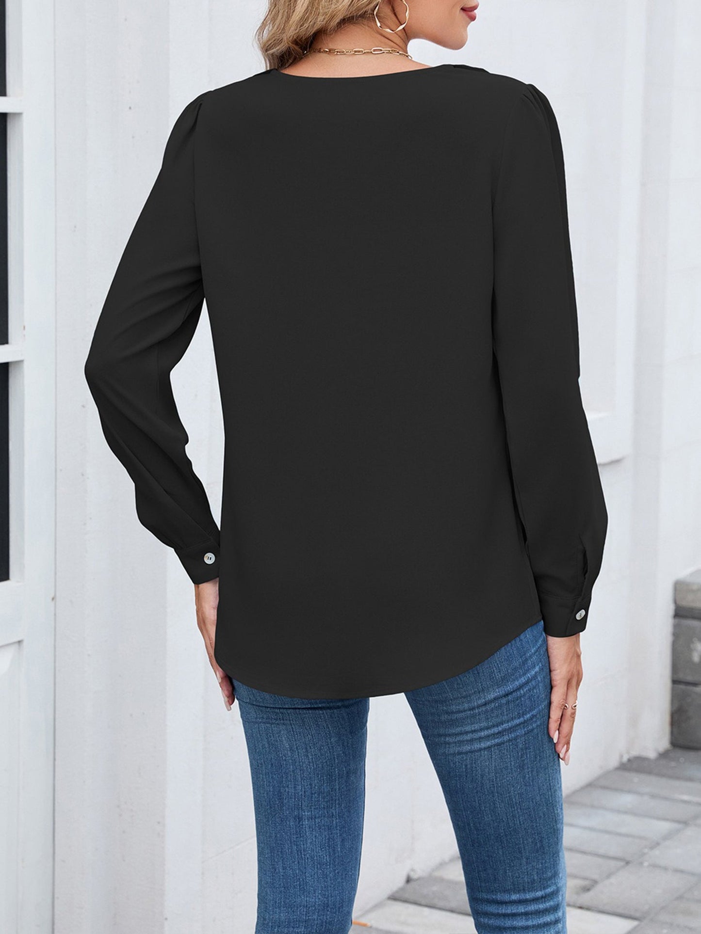 Long Sleeve V Neck Ruffled Chiffon Blouse
