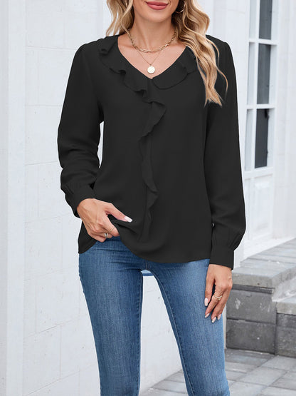 Long Sleeve V Neck Ruffled Chiffon Blouse