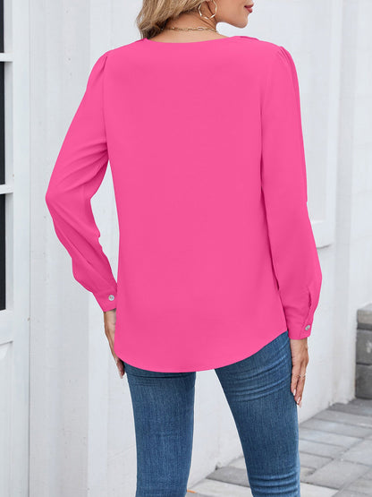 Long Sleeve V Neck Ruffled Chiffon Blouse