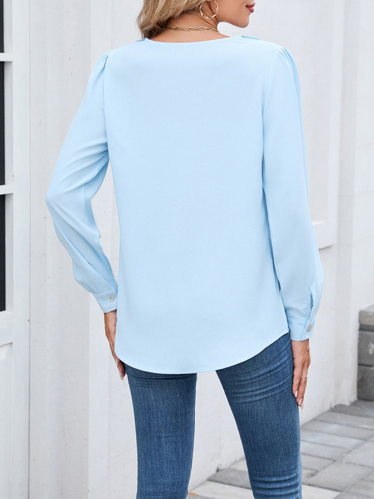 Long Sleeve V Neck Ruffled Chiffon Blouse