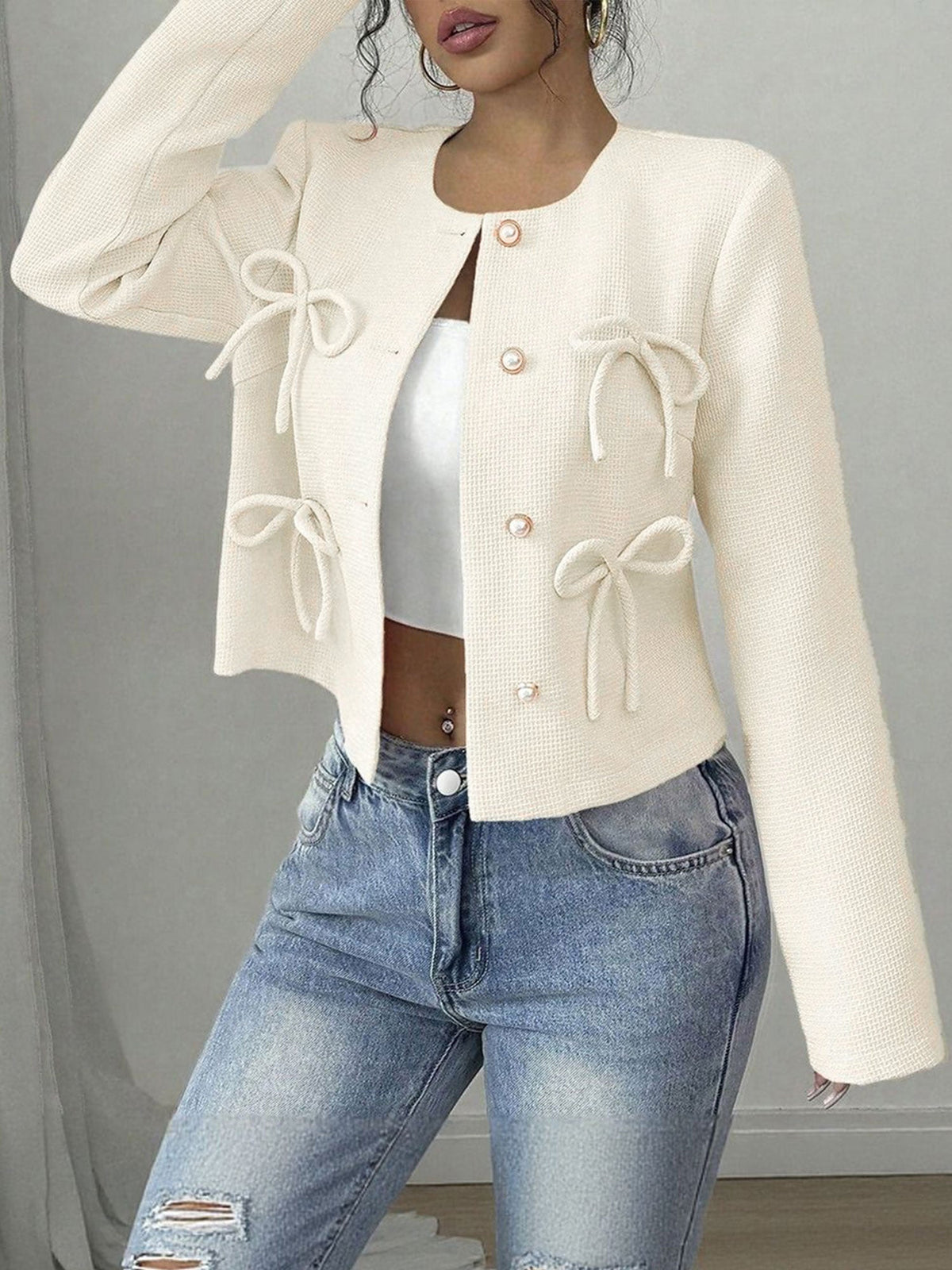Collarless Long Sleeves Bow Decor Cropped Jacket