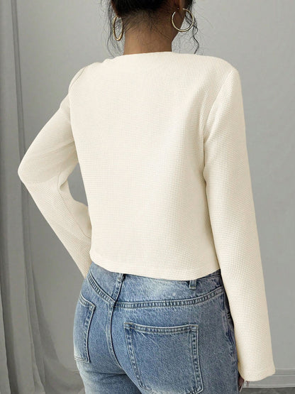 Collarless Long Sleeves Bow Decor Cropped Jacket