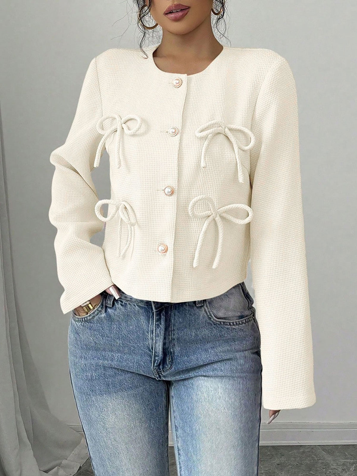 Collarless Long Sleeves Bow Decor Cropped Jacket