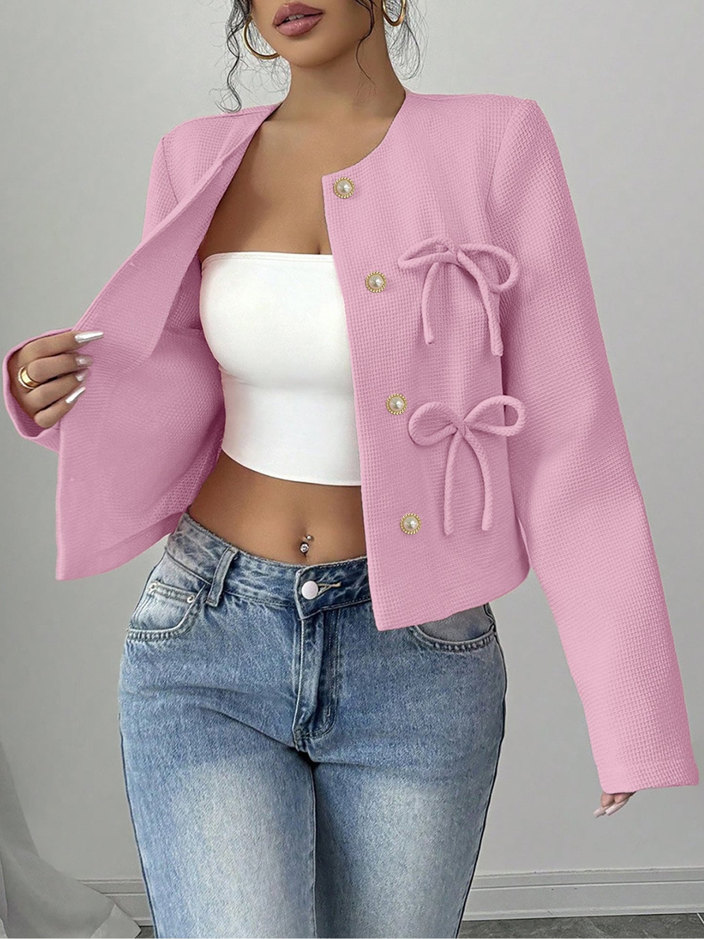 Collarless Long Sleeves Bow Decor Cropped Jacket
