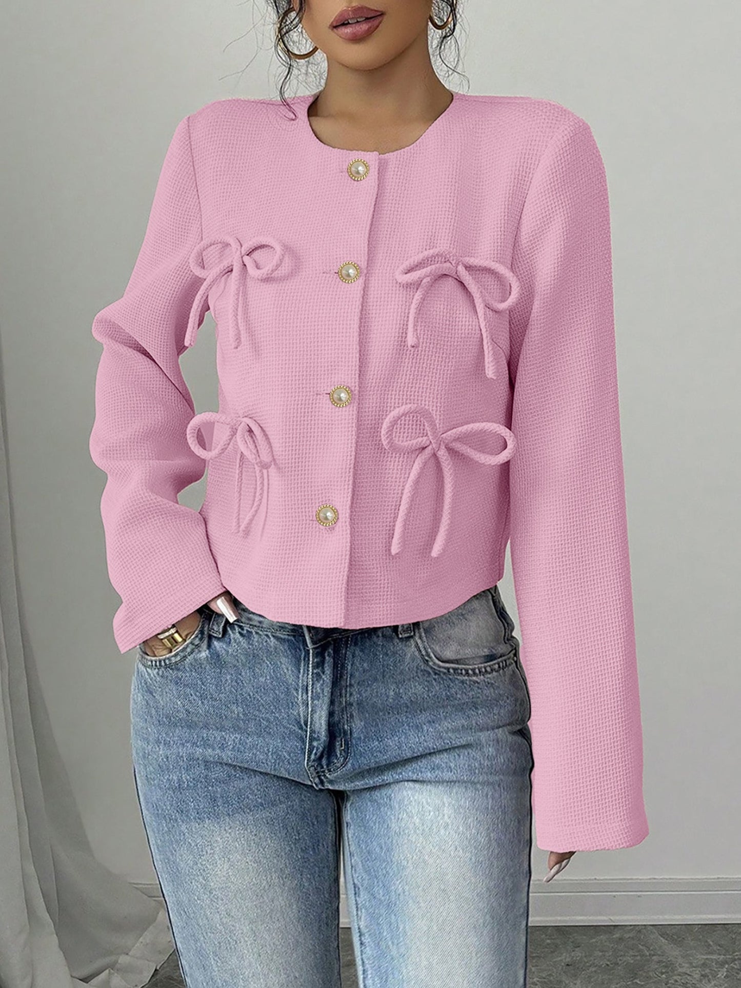 Collarless Long Sleeves Bow Decor Cropped Jacket