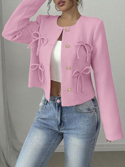 Collarless Long Sleeves Bow Decor Cropped Jacket