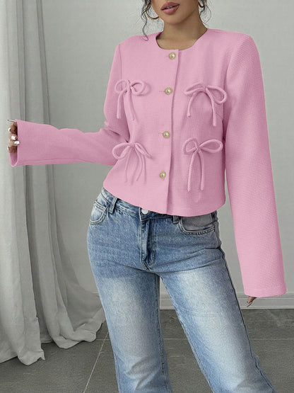 Collarless Long Sleeves Bow Decor Cropped Jacket