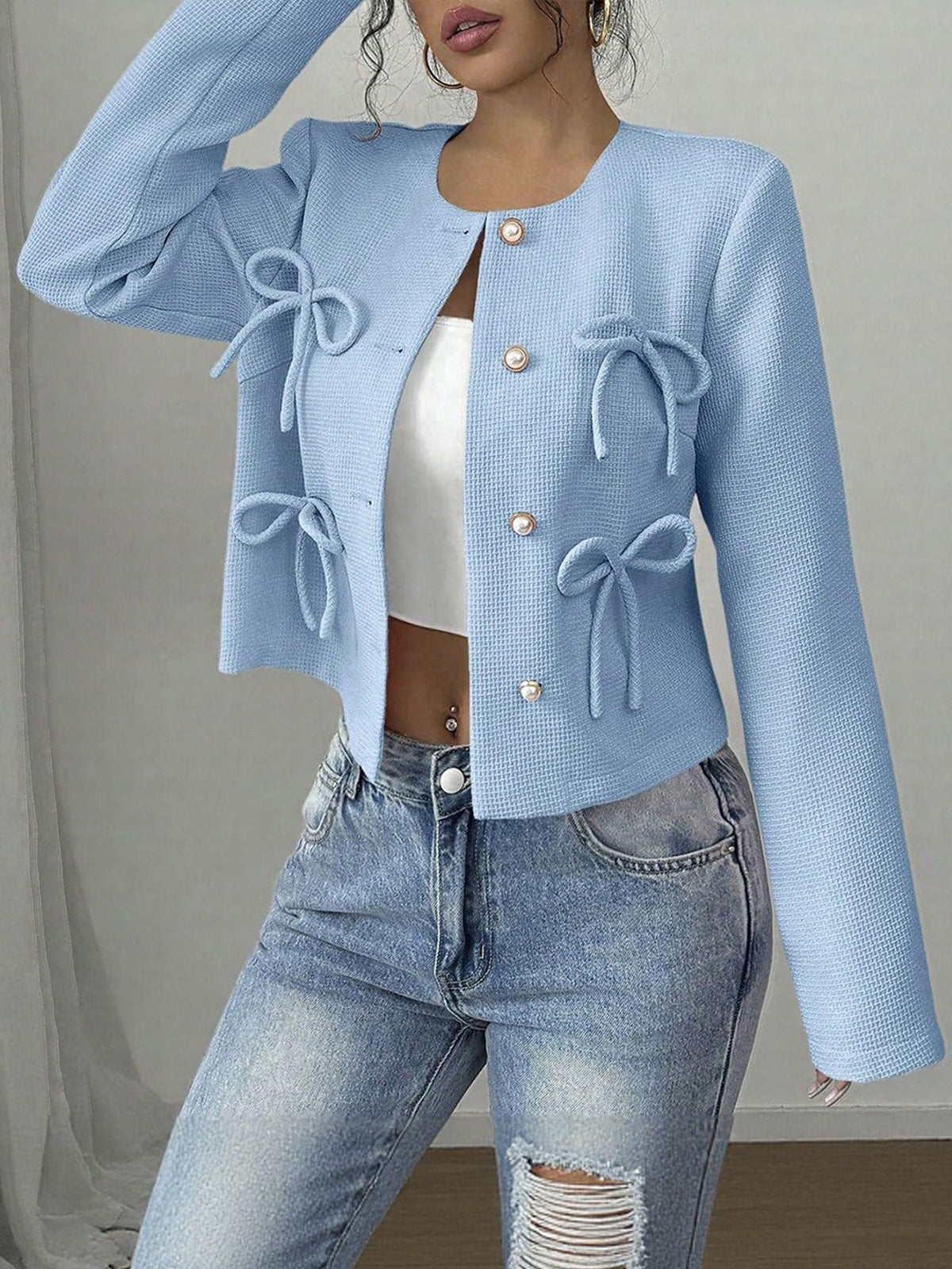 Collarless Long Sleeves Bow Decor Cropped Jacket