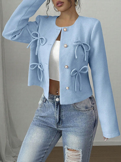 Collarless Long Sleeves Bow Decor Cropped Jacket