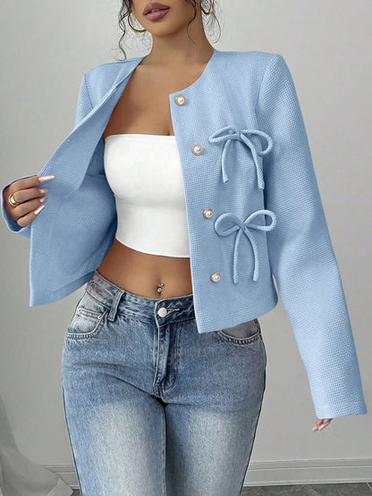 Collarless Long Sleeves Bow Decor Cropped Jacket