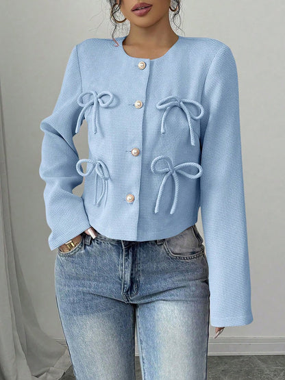 Collarless Long Sleeves Bow Decor Cropped Jacket