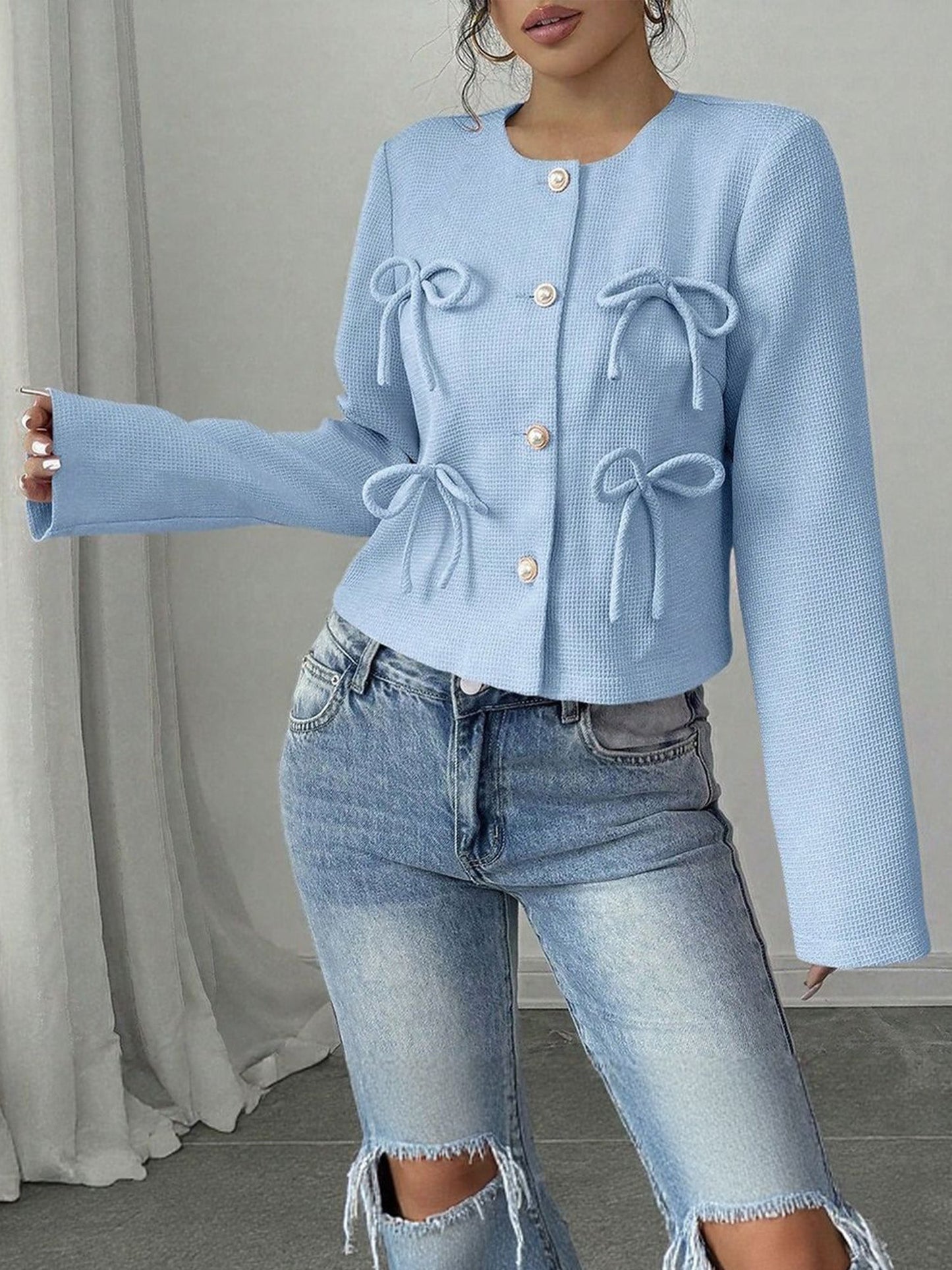 Collarless Long Sleeves Bow Decor Cropped Jacket