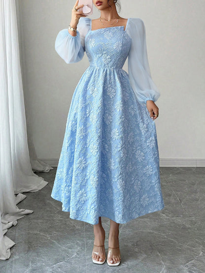 Floral Jacquard Chiffon Puff Sleeves Smocked Back A-Line Dress