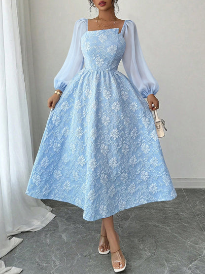 Floral Jacquard Chiffon Puff Sleeves Smocked Back A-Line Dress