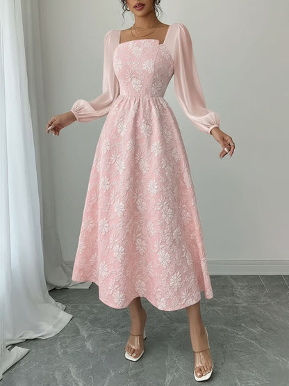 Floral Jacquard Chiffon Puff Sleeves Smocked Back A-Line Dress