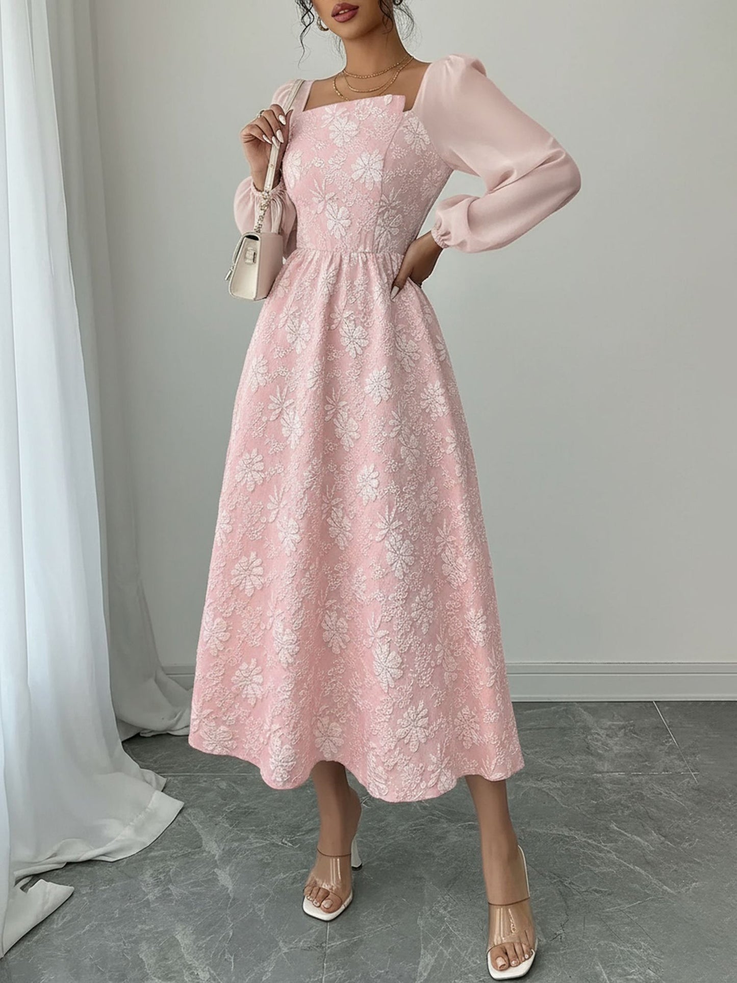 Floral Jacquard Chiffon Puff Sleeves Smocked Back A-Line Dress