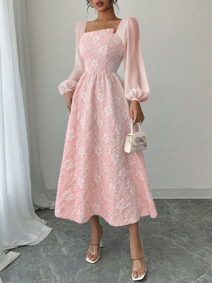 Floral Jacquard Chiffon Puff Sleeves Smocked Back A-Line Dress